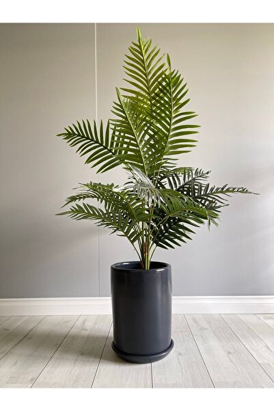 odka 10litre Silindir Saksı Tabaklı Yükseklik:25cm Çap:20cm Antrasit Renk