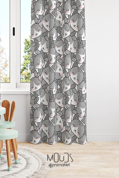 Moud's Gray Suede Digital Printed Children's and Baby's Room Curtain - Single Wing Extra-For Gather