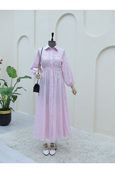 HİJABAYA Ριγέ Φόρεμα - Μπροστά με κουμπιά και ελαστική μέση