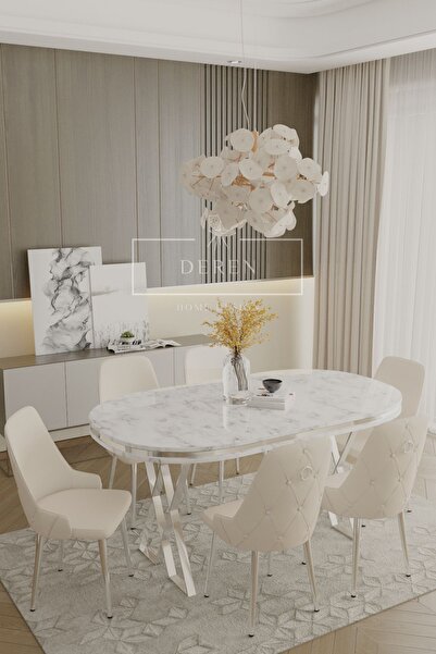 DEREN HOME Nil Serisi Lak Panel Mdf Beyaz Renk Masa 90x168 Krom Metal Ayak Ma...