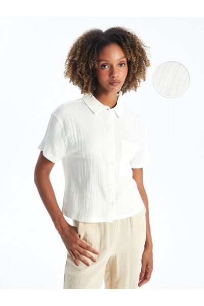 LC Waikiki Γυναικείο πουκάμισο λινό Look - Μασίφ κοντό μανίκι