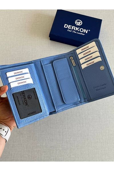 DERKON Medium Size Light Blue Genuine Leather Women's Wallet - Violeta Model