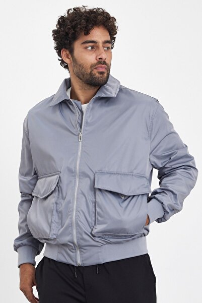 MADZEYMODA Men's Bomber Jacket - New Season, Light Gray, Zippered, Mz56112