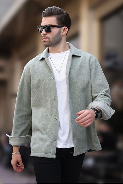 Madmext Herren-Fleece-Shirt 6753 – Mintgrün mit Knöpfen