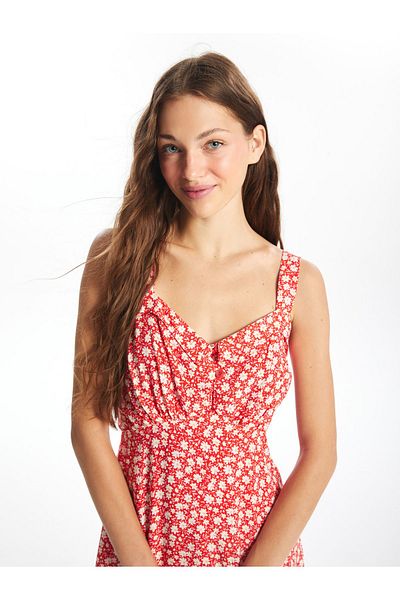 LC Waikiki Damenkleid mit Blumenmuster und herzförmigem Kragen – Träger