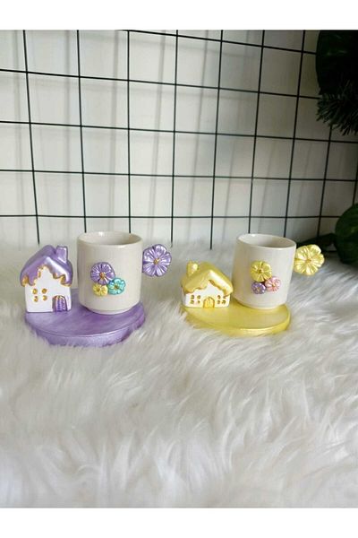 Süs Dükkanı Design Decorative Presentation Gift Coffee Cup Model Set Yellow and Purple