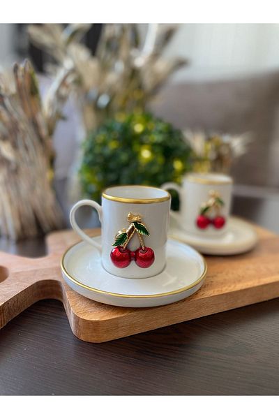 atabey home collection مجموعة أكواب بورسلين مكونة من قطعتين بتفاصيل ذهبية سعة 100 مل - مصنوعة من الكرز
