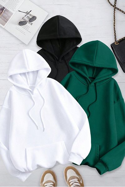 MODAGEN Unisex oversize mikina s kapucí – 3dílná, černá bílá, zelená Nefti