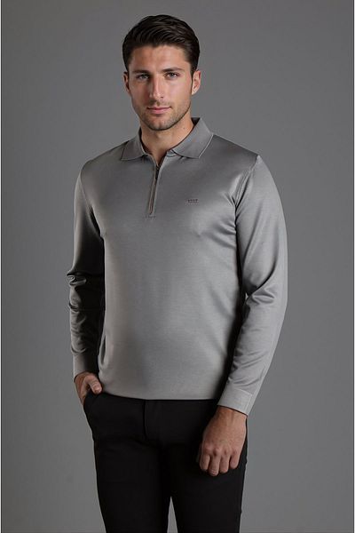 JR9 Men's Gray Polo Collar Zippered Knitwear Sweater 2326