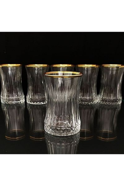 Paşabahçe Set of 12 Elysia Real Gilded Tea Glasses