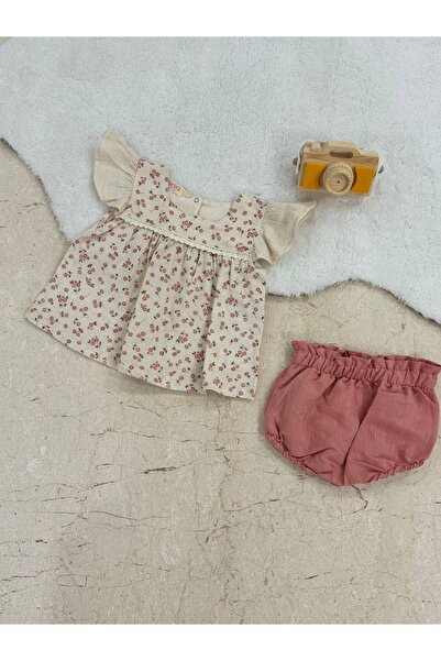 TİJK Half Sleeve Linen Set with Snap Fasteners for Baby Girl - High Back Design