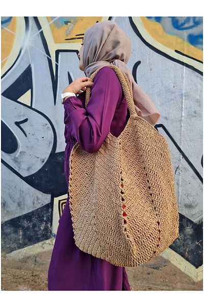 Verda Desing Straw Large Handle Beach Bag Hand Knitted