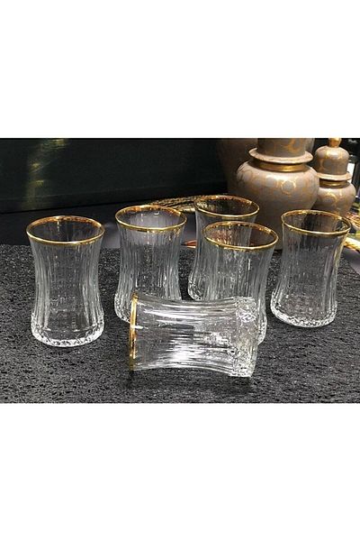 Paşabahçe Set of 12 Elysia Real Gilded Tea Glasses