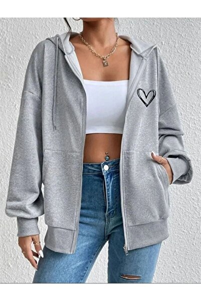 NO 601 Gray Heart Printed Women's Cardigan - Winter Zippered