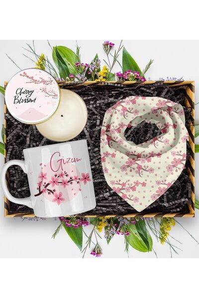 EJOYA Kişiye Özel Kiraz Çiçeği Tasarım Kupa & Fular & Mum Hediye Kutusu 113161