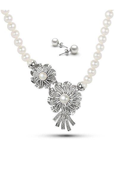 EJOYA 925 Ayar Gümüş Klips Ve Doğal Inci Kolye - Küpe Hediyeli 69677