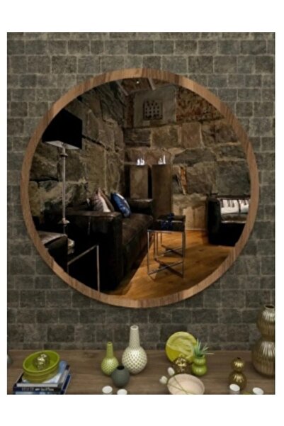 FAYMEND Ceviz Ahşap Dekoratif Yuvarlak Antre Hol Koridor Duvar Salon Mutfak Banyo Wc Ofis Aynası 45 Cm