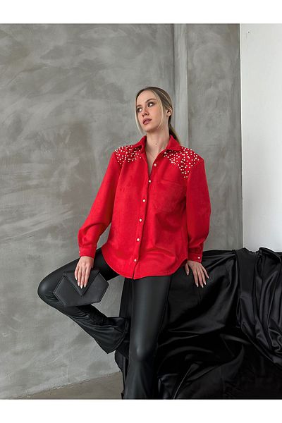 Miss Allos Stone and Pearl Detailed Long Sleeve Women's Suede Shirt with Pockets