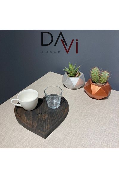 Davi Ahşap Special for Mother's Day - Set with Cup and Water Cup Wooden Coffee Presentation Plate 3 Pieces