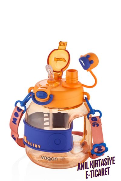 Vagonlife 1000 ml Comfortable Children's Water Bottle with Neck Strap and Straw - Single Lid Dual Use