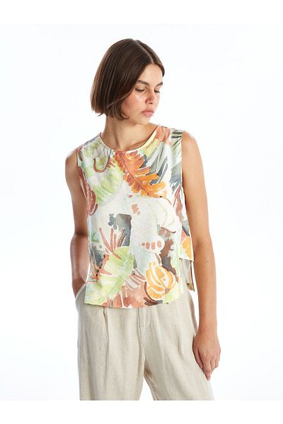 LC Waikiki Patterned Linen Look Crew Neck Women's Blouse