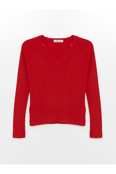 LC Waikiki Women's Knitwear Sweater - V-Neck, Solid, Long Sleeve