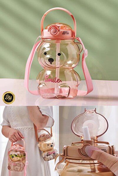 M Mimoza Park زجاجة مياه Smile Teddy Bear موديل 1000 مل خالية من مادة BPA مع زجاجة مياه هدية ملصق ثلاثي الأبعاد