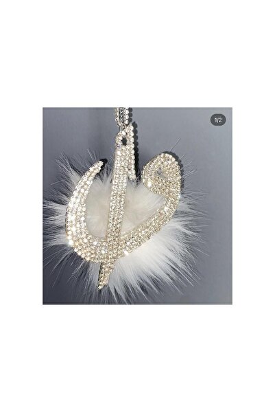 Arabasına Aşıklar Kulubü ELİF VAV GÜMÜŞ TAŞLI BEYAZ TÜYLÜ DİKİZ AYNA SÜSÜ AKS...