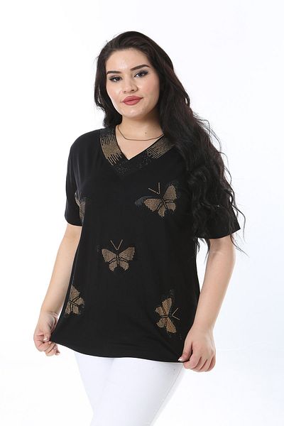Şans Black Butterfly Figured Plus Size Blouse with V-neck - 65n38233 with Stone Detail