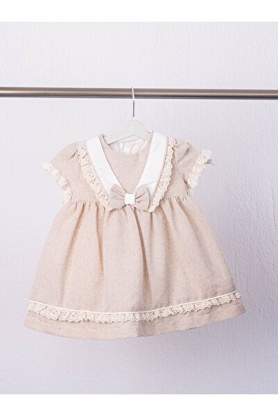 Mymio 6 - 24 Astarlı Keten Kurdaleli Kolları işlemeli Kız Bebek Elbisesi