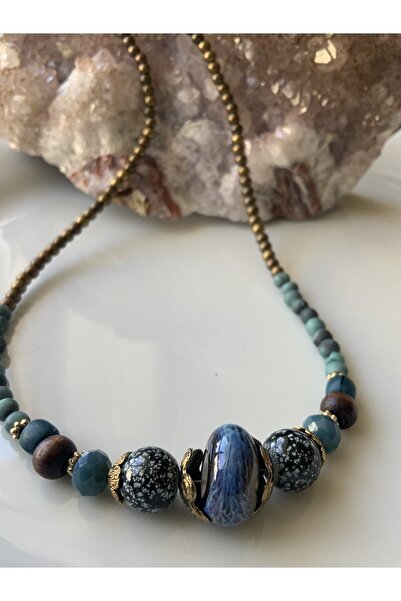 azra takı tasarım قلادة نسائية زرقاء قصيرة بوهيمية عرقية مصنوعة يدويًا