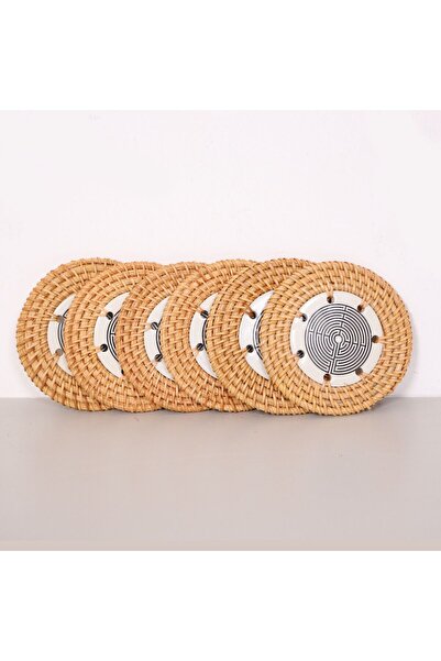 Mylamp Labyrinth 6-Piece Natural Rattan and Handmade Ceramic Coasters