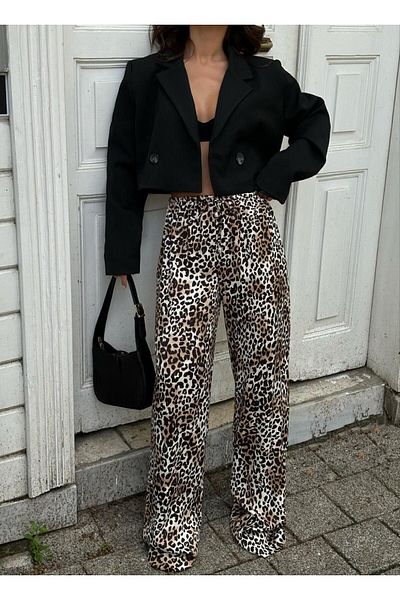 LB Laluna Butik Pantaloni Palazzo din Satin cu Motiv Leopard - Talie elastică
