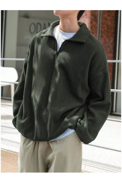 MOONBULL Erkek Sol Göğüs Etiket Detaylı Yarım Fermuarlı Oversize Polar Sweats...