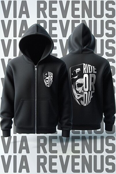 Vordevia Ride Or Die Hanorac unisex cu glugă cu fermoar imprimat pentru motoc...