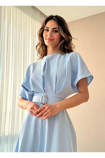 Afiş Butik Μίντι Φόρεμα Baby Blue με πλισέ με σκίσιμο