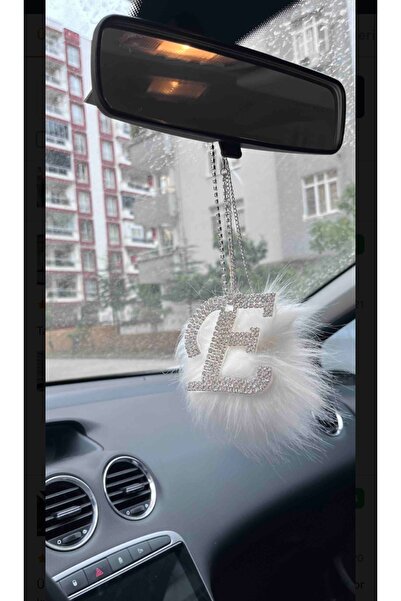 Arabasına Aşıklar Kulubü KRİSTAL TAŞLI BEYAZ TÜYLÜ E HARFİ DİKİZ AYNA KOLYE A...