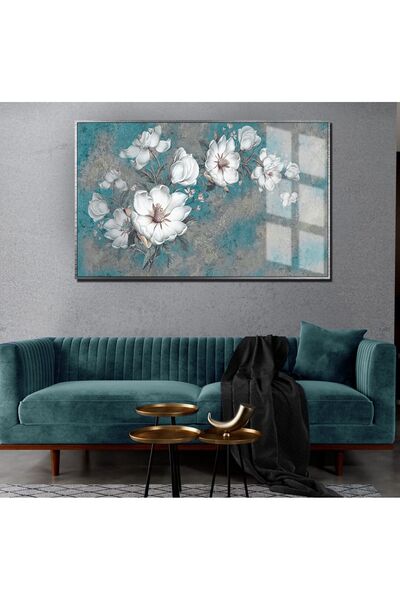 Harikabirev HARİKABİREV | TABLA DE FLORI DE CULOARE TURCOAZ-GRI | TABLA DE STICLA TEMPLATA CU CADRU ORIZONTAL