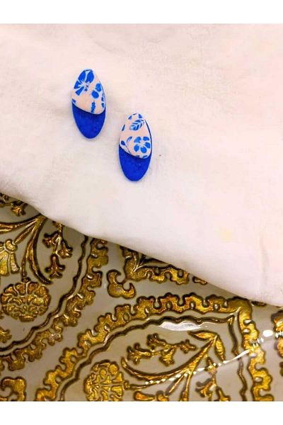 Karşı Köyden Navy Blue Polymer Earrings - Special Design, Tile Pattern and Flowers, Handmade