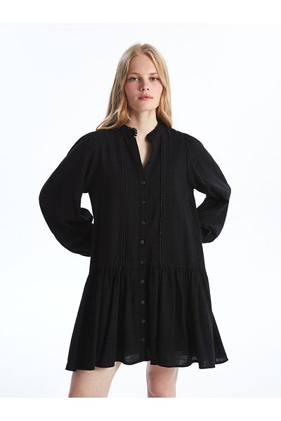 LC Waikiki Embroidered Long Sleeve Leak Collar Women's Shirt Dress
