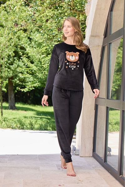 Pijamoni Soft Velvet Black Fabric Pajama Set - 4200