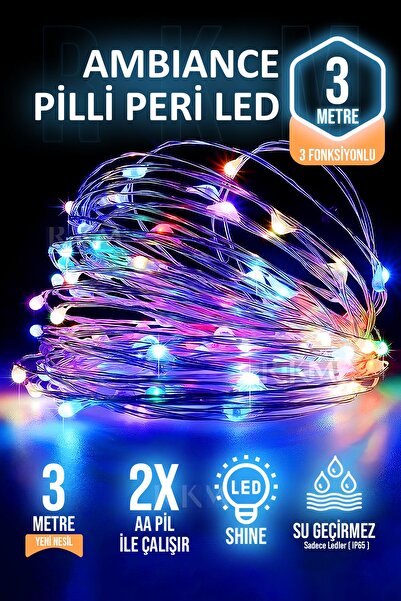 rkmstore Dekoratif 3 Metre Rgb Pilli Peri Led Aydınlatma Fonksiyonlu Parti Yı...