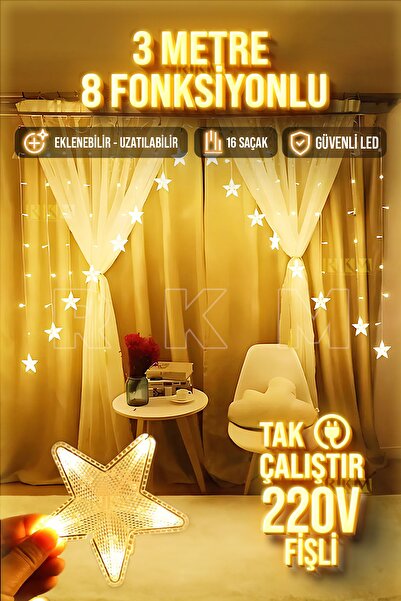 rkmstore Yıldız Desenli Çapraz Sarkıt Led Perde Işık – Fişli Eklemeli 8 Fonks...