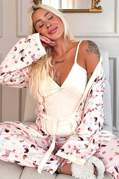 Pijamaevi Ecru Hund gemustert Thermo-Pyjama-Set für Frauen