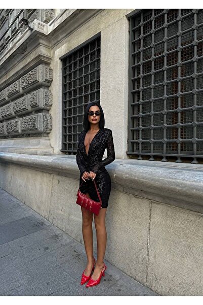 S&A Collectionn Mini šaty s flitry s dlouhým rukávem a výstřihem do V