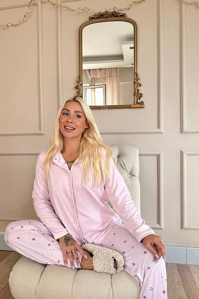 Pijamaevi Thermal Pink Lot mintás női pizsama szett - elülső gombos