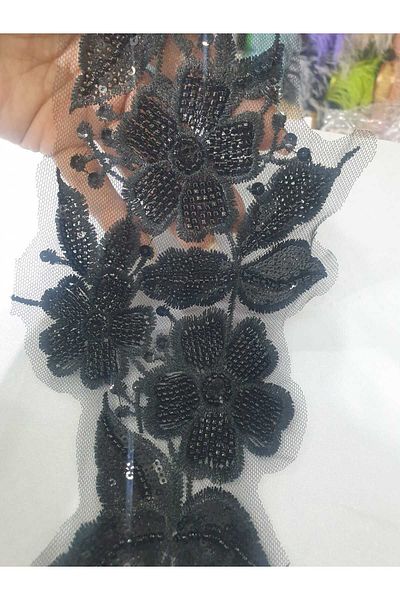 ESRA ŞELEM Black Bead Embroidered Lace Embroidery Guipure Applique Decorative Ribbon Accessory Hobby 2Pcs