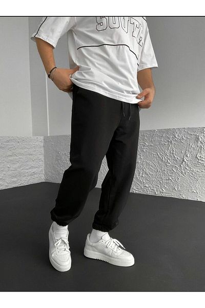 THE WHITE Μαύρο 2 νήματα Καλοκαιρινό Oversize Λαστιχένιο πόδι αθλητικό παντελόνι