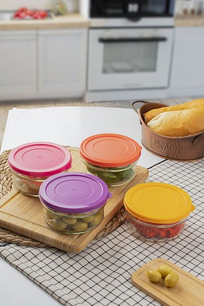 Paşabahçe Zuri 4-Piece Colorful Glass Bowl with Lid - Breakfast Jam Snack Bowl, 400cc Storage Bowl