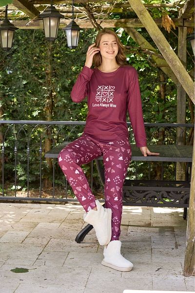 Pijamoni Crew Neck Feathered Plum Pajama Set - 7900